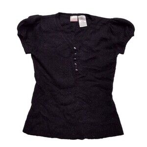 No Boundaries Juniors XL Black Shirt Top Puff Sleeve V Neck 1/4 Button